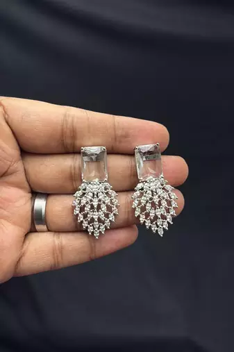 Silver Crystal Bridal Necklace Earrings Set, Emerald Marquise CZ Wedding Jewelry