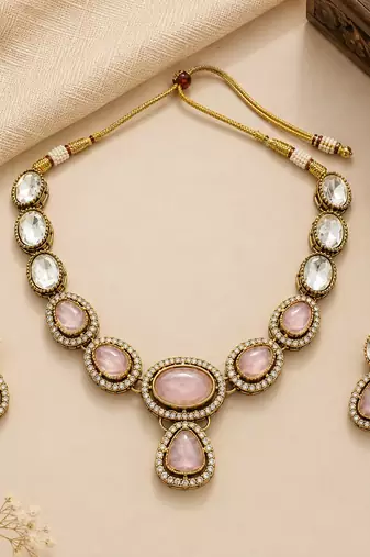 kundan baby pink mehendi polish necklace set with earrings and maang tikka for bridal wedding jewelry