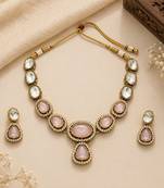 kundan baby pink mehendi polish necklace set with earrings and maang tikka for bridal wedding jewelry