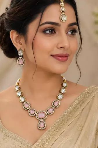 kundan baby pink mehendi polish necklace set with earrings and maang tikka for bridal wedding jewelry