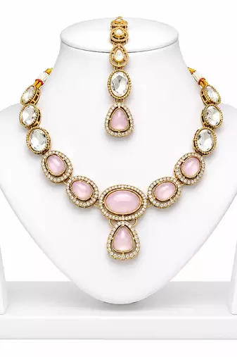 kundan baby pink mehendi polish necklace set with earrings and maang tikka for bridal wedding jewelry