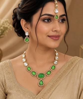 kundan mint green mehendi polish necklace set with earrings and maang tikka for bridal wedding jewelry 2