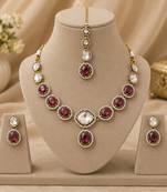 kundan wine color mehendi polish necklace set with earrings and maang tikka for bridal wedding jewelry