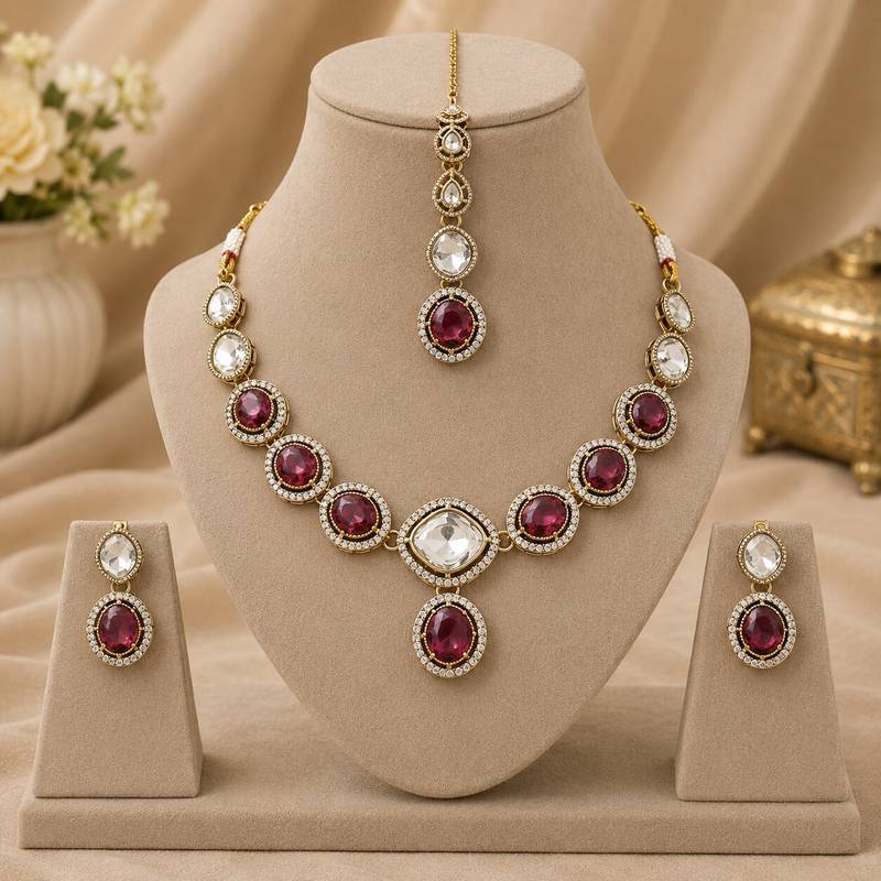 kundan wine color mehendi polish necklace set with earrings and maang tikka for bridal wedding jewelry