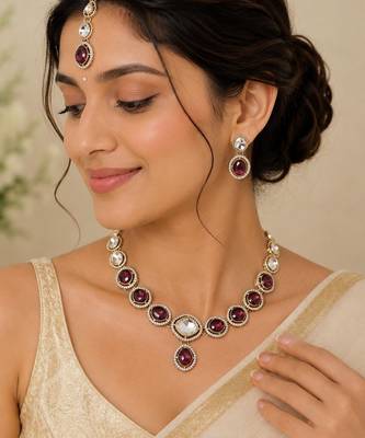 kundan wine color mehendi polish necklace set with earrings and maang tikka for bridal wedding jewelry 2