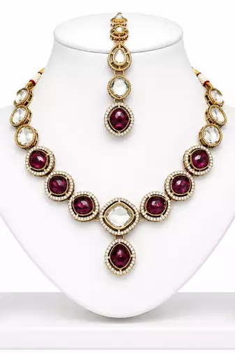 kundan wine color mehendi polish necklace set with earrings and maang tikka for bridal wedding jewelry