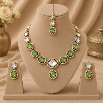 kundan mint green mehendi polish necklace set with earrings and maang tikka for bridal wedding jewelry 1