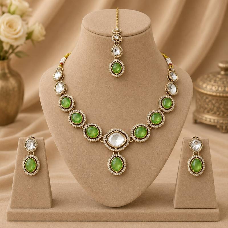 kundan mint green mehendi polish necklace set with earrings and maang tikka for bridal wedding jewelry