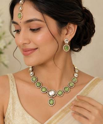 kundan mint green mehendi polish necklace set with earrings and maang tikka for bridal wedding jewelry 2