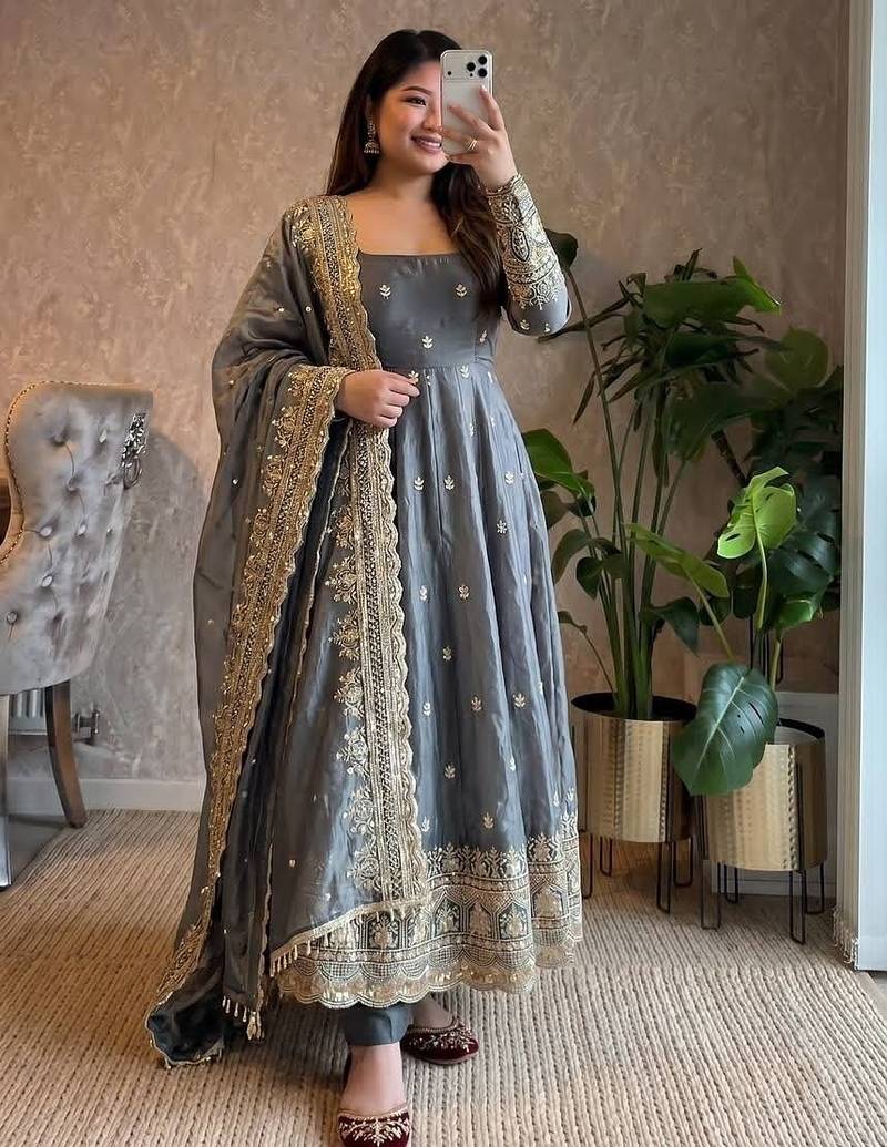 grey color sequin embroidery silk blend gown set