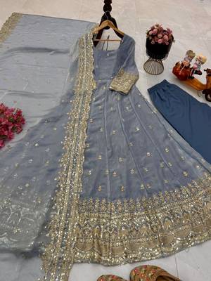 grey color sequin embroidery silk blend gown set 2