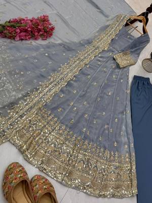 grey color sequin embroidery silk blend gown set 4