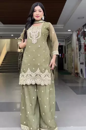 Light Green sequin and Embroidery Work Silk Blend Salwar Suit