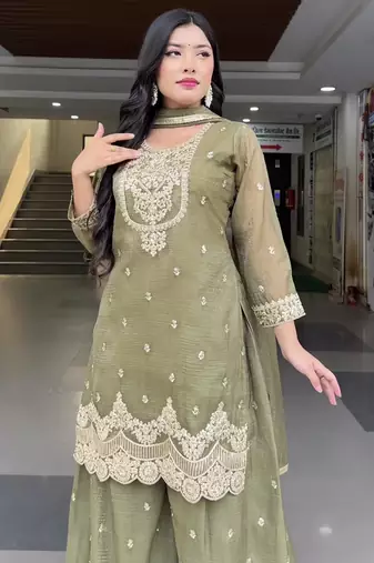 Light Green sequin and Embroidery Work Silk Blend Salwar Suit