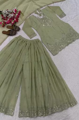 Light Green sequin and Embroidery Work Silk Blend Salwar Suit