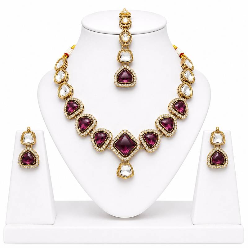 kundan wine color mehendi polish necklace set with earrings and maang tikka for bridal wedding jewelry