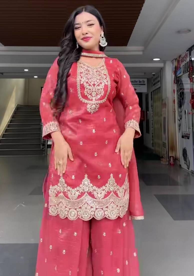 Pink sequin and Embroidery Work Silk Blend Salwar Suit