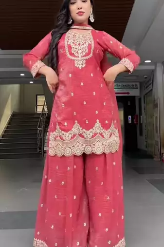 Pink sequin and Embroidery Work Silk Blend Salwar Suit