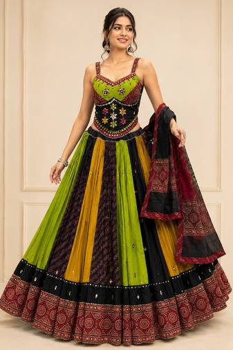 Multicolor Kutchhi Ajrakh 8 Meter Flair Lehenga