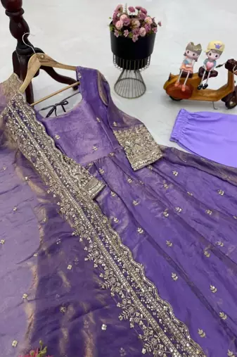 light lavender color sequin embroidery silk blend gown set