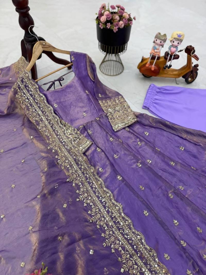 light lavender color sequin embroidery silk blend gown set