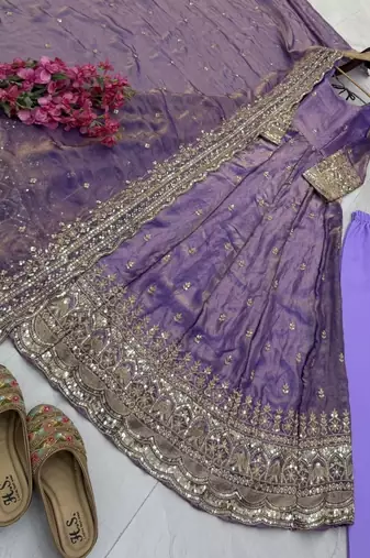 light lavender color sequin embroidery silk blend gown set
