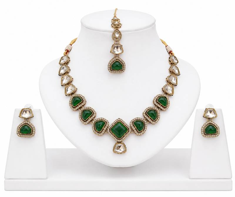 kundan green mehendi polish necklace set with earrings and maang tikka for bridal wedding jewelry