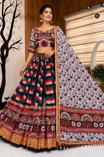 Multicolor Navratri Printed Mirror Work Lehenga Choli