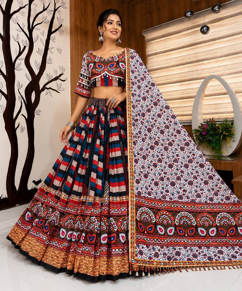 Multicolor Navratri Printed Mirror Work Lehenga Choli