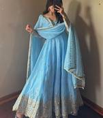 sky blue color sequin embroidery silk blend gown set