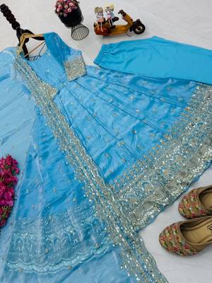 sky blue color sequin embroidery silk blend gown set 3