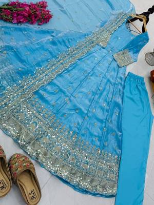 sky blue color sequin embroidery silk blend gown set 4
