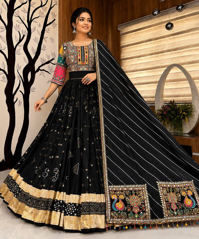 Black Navratri Mirror Work Designer Lehenga Choli