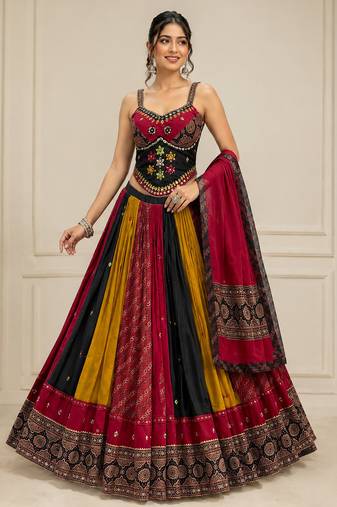 Multicolor Kutchhi Ajrakh 8 Meter Flair Lehenga