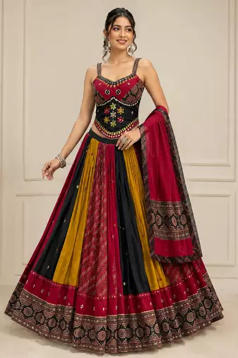 Multicolor Kutchhi Ajrakh 8 Meter Flair Lehenga