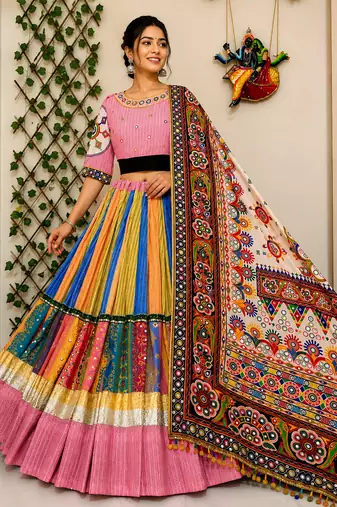 Pink Navratri Mirror Work Lehenga