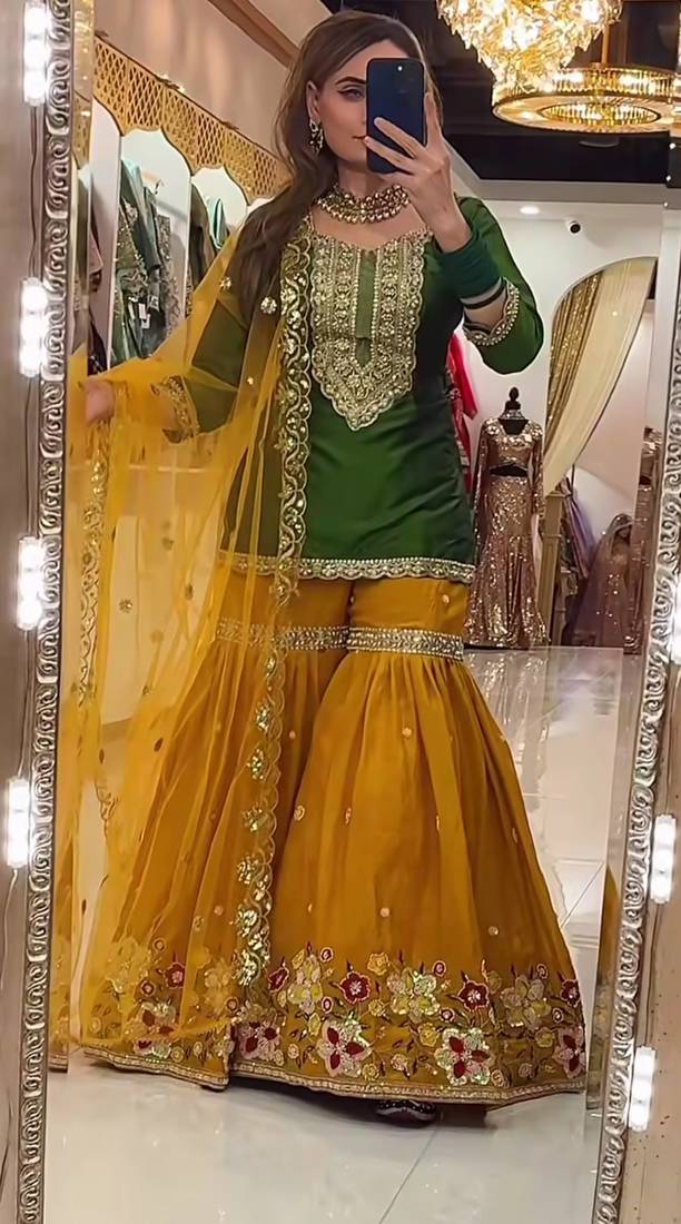 Green sequin And Embroidery Work Faux Georgette Salwar Suit