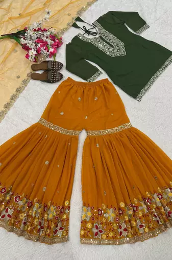 Green sequin And Embroidery Work Faux Georgette Salwar Suit