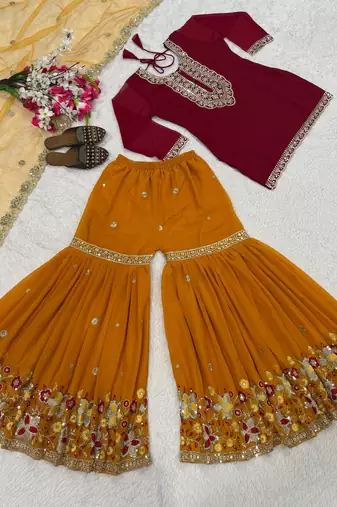 Maroon sequin And Embroidery Work Faux Georgette Salwar Suit