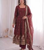 brown color sequin embroidery silk blend gown set