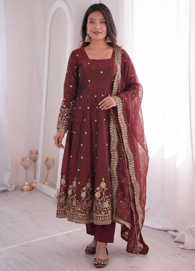 brown color sequin embroidery silk blend gown set