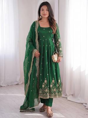 dark green color sequin embroidery silk blend gown set 1