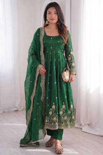dark green color sequin embroidery silk blend gown set