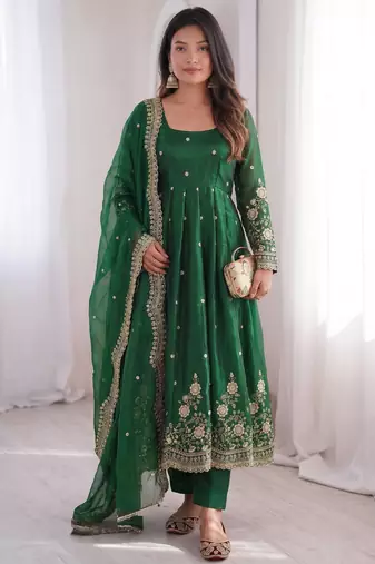 dark green color sequin embroidery silk blend gown set