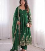 dark green color sequin embroidery silk blend gown set