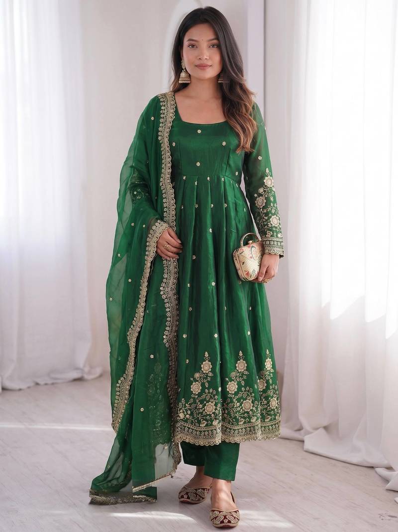dark green color sequin embroidery silk blend gown set