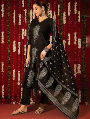 Women Ethnic Motifs Printed Regular Thread Work Pure Cotton Kurta with Trousers & With Dupatta 1