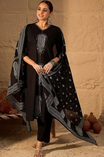Women Ethnic Motifs Printed Regular Thread Work Pure Cotton Kurta with Trousers & With Dupatta