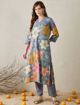 Women Grey Floral Printed Regular Pure Cotton Straight Kurta with Trousers 1