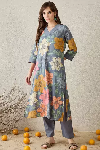 Women Grey Floral Printed Regular Pure Cotton Straight Kurta with Trousers
